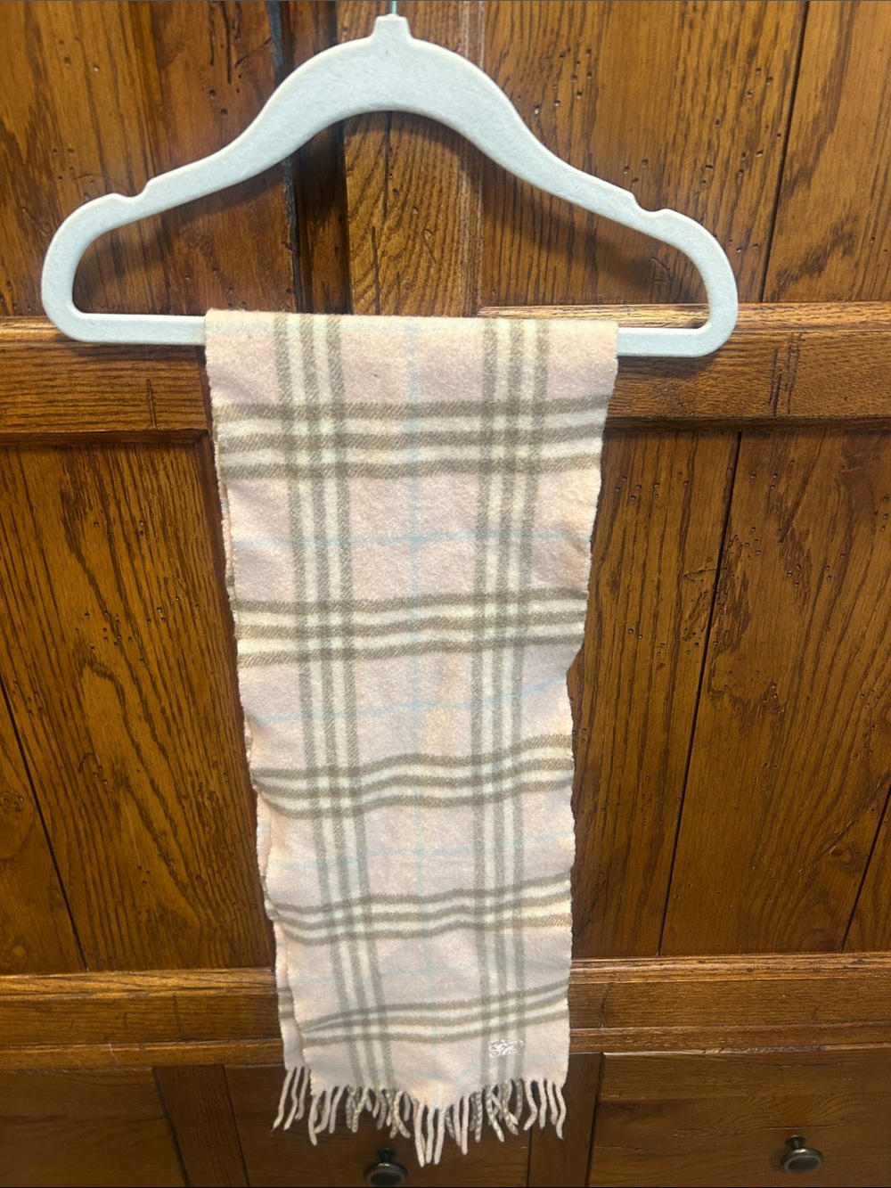 Burberry Pink and Cream Plaid Cashmere-Wool Fringe Scarf